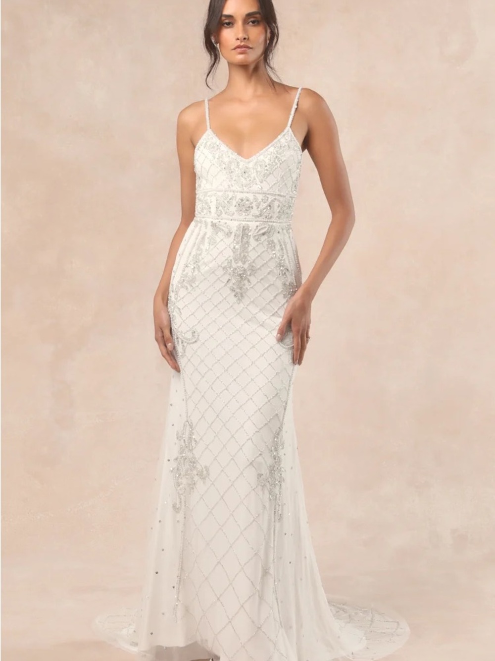 Lulus Ciella White and Silver Beaded Mermaid Maxi Wedding Bridal Dress M